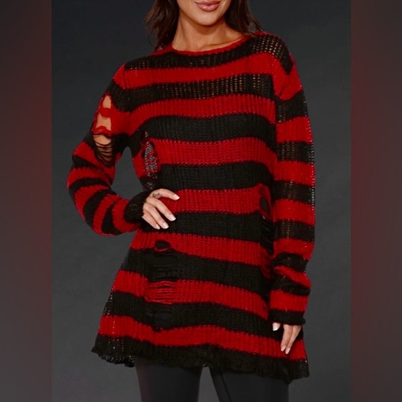 Red & Black Striped Knit Oversized Distressed Sweater - Picture 11 of 16